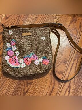 Vera Bradley Embroidered Straw Crossbody Bag - Brown with Pink Fruit Motif